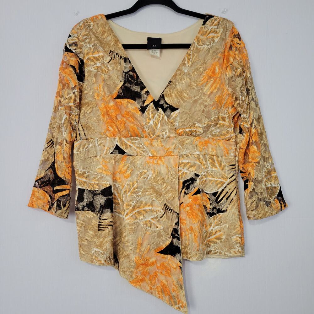 Vintage Floral 3/4 Sleeve Lace Overlay Asymmetrical Top size L 90s Y2K Fairy USA